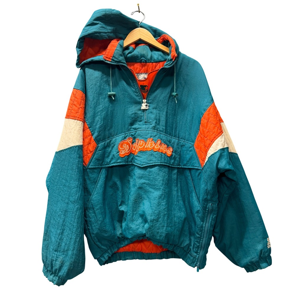 Vintage Miami Dolphins Starter Jacket Mens L Teal Orange Hooded Pullover NFL